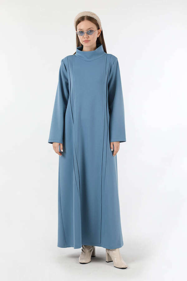 Balıkçı Yaka Nervür Detaylı Elbise Mavi - 3