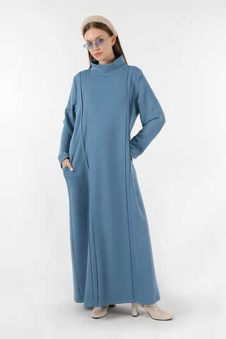 Balıkçı Yaka Nervür Detaylı Elbise Mavi - 5