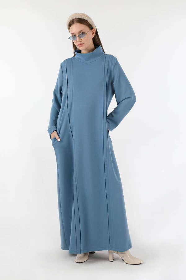 Balıkçı Yaka Nervür Detaylı Elbise Mavi - 5