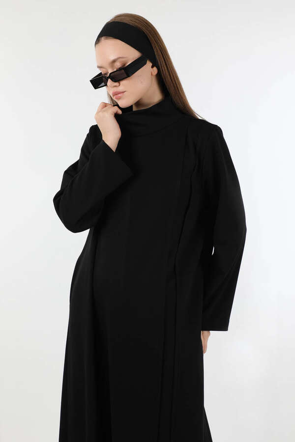 Balıkçı Yaka Nervür Detaylı Elbise Siyah - 2