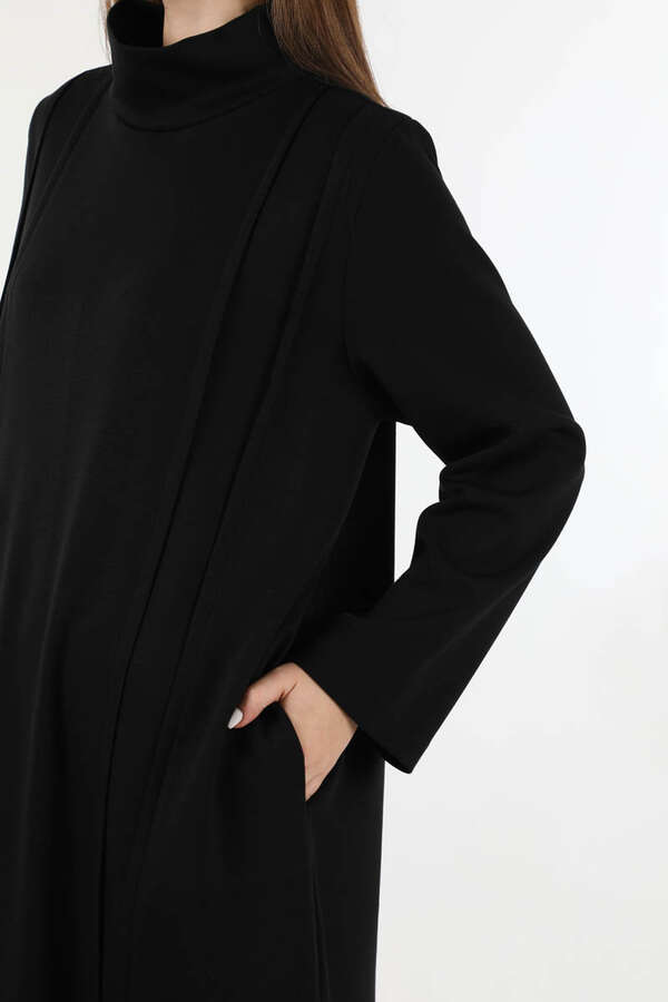 Balıkçı Yaka Nervür Detaylı Elbise Siyah - 4