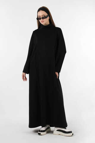 Balıkçı Yaka Nervür Detaylı Elbise Siyah - 5