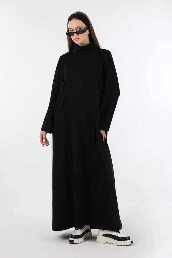 Balıkçı Yaka Nervür Detaylı Elbise Siyah - 5