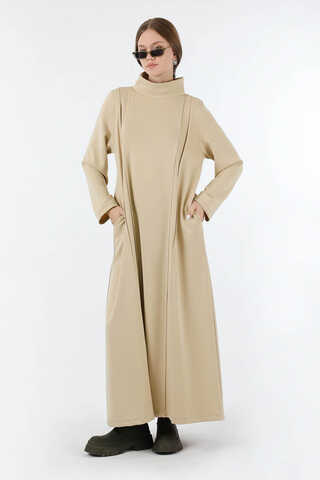 Balıkçı Yaka Nervür Detaylı Elbise Taş - 3