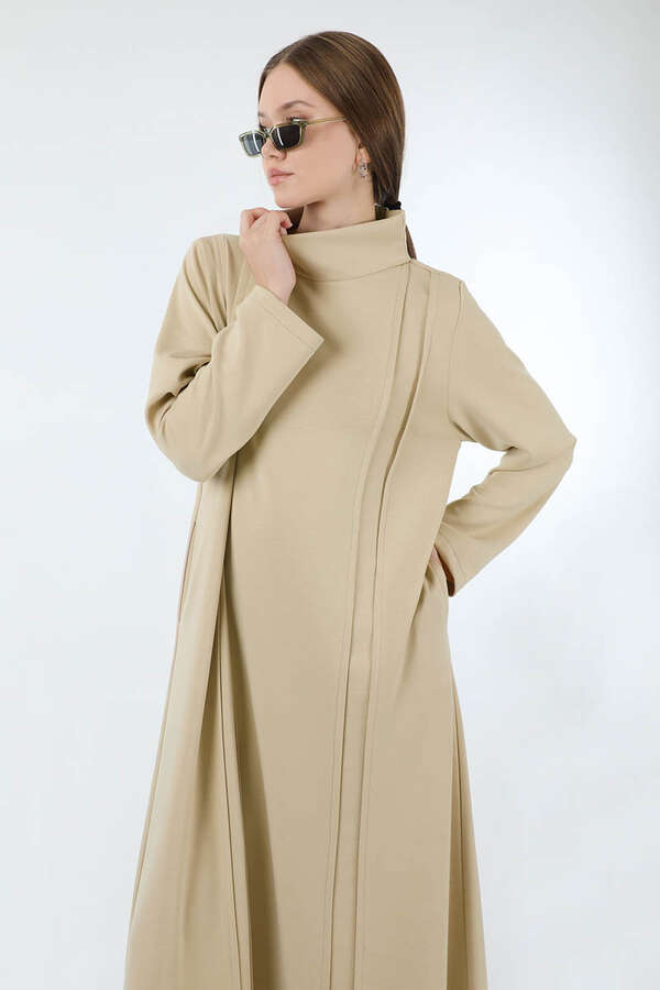 Balıkçı Yaka Nervür Detaylı Elbise Taş - 2