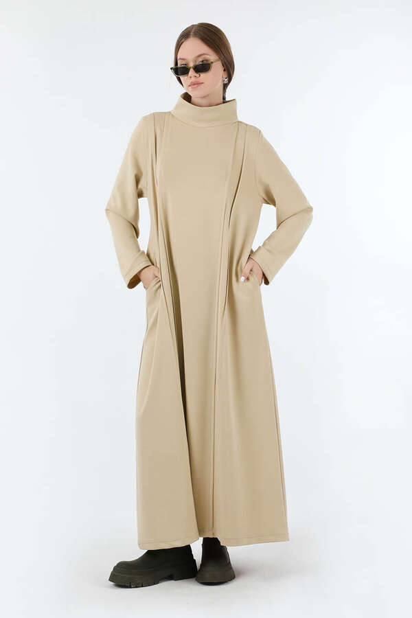 Balıkçı Yaka Nervür Detaylı Elbise Taş - 3