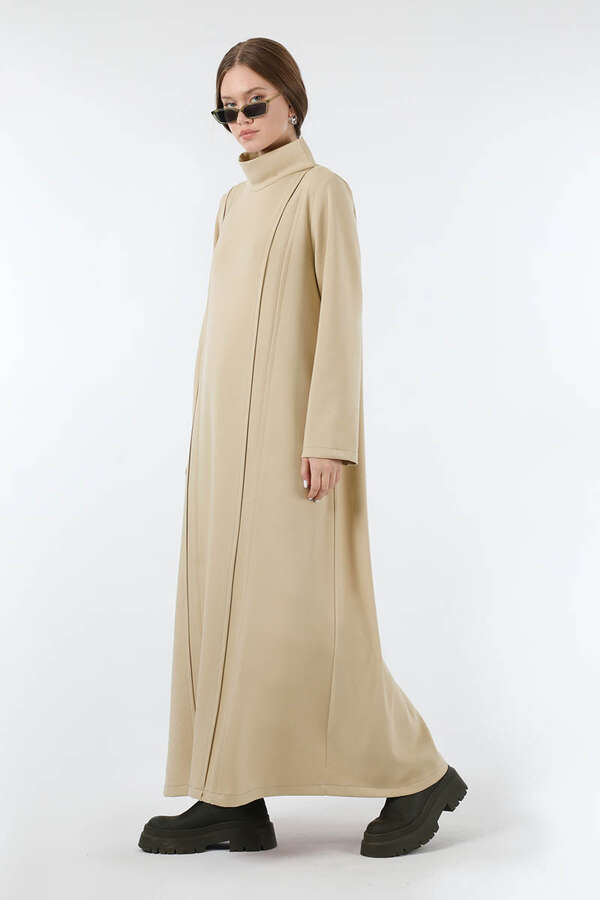 Balıkçı Yaka Nervür Detaylı Elbise Taş - 5