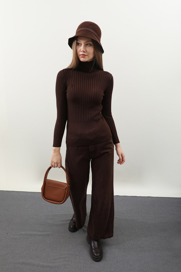 Balıkçı Yaka Triko Body Kızıl Kahve - 5