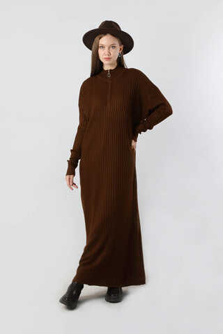 Balıkçı Yaka Triko Elbise Kahve - 1