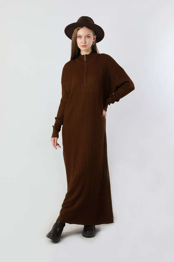 Balıkçı Yaka Triko Elbise Kahve - 1