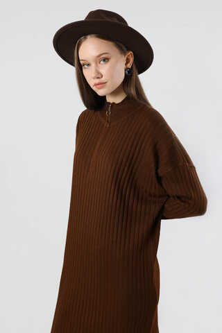 Balıkçı Yaka Triko Elbise Kahve - 2