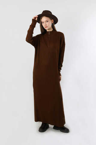 Balıkçı Yaka Triko Elbise Kahve - 3