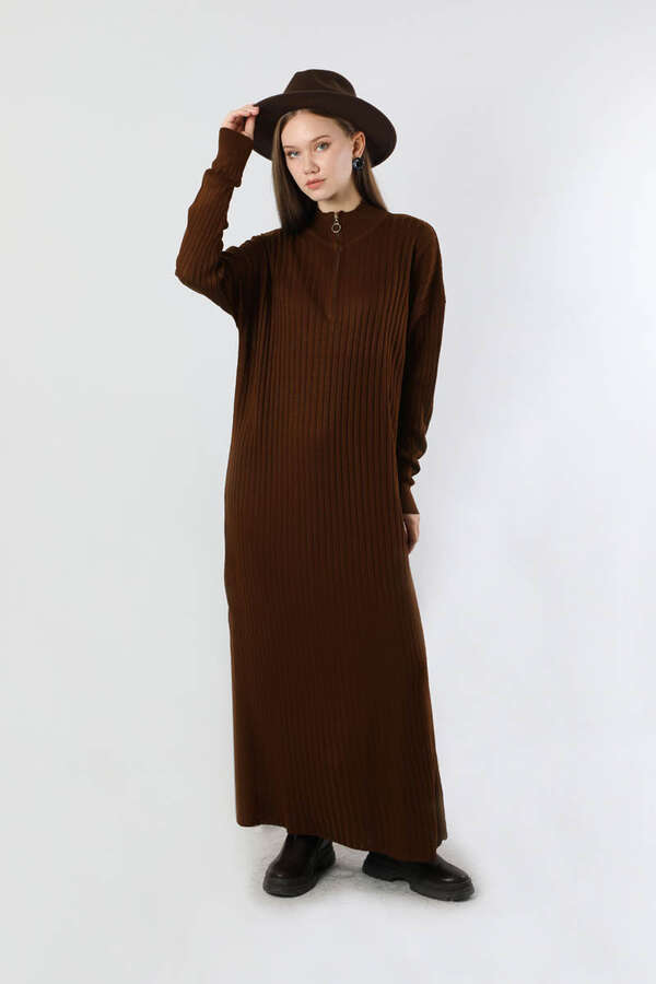 Balıkçı Yaka Triko Elbise Kahve - 3