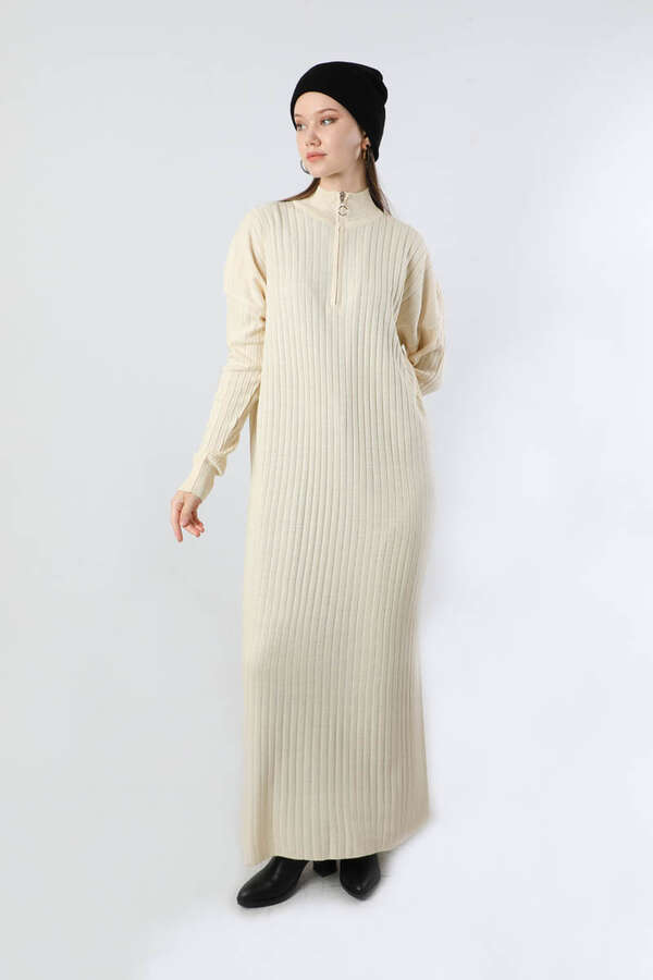 Balıkçı Yaka Triko Elbise Krem 