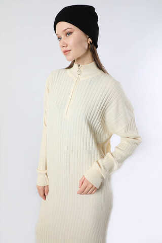 Balıkçı Yaka Triko Elbise Krem - 2