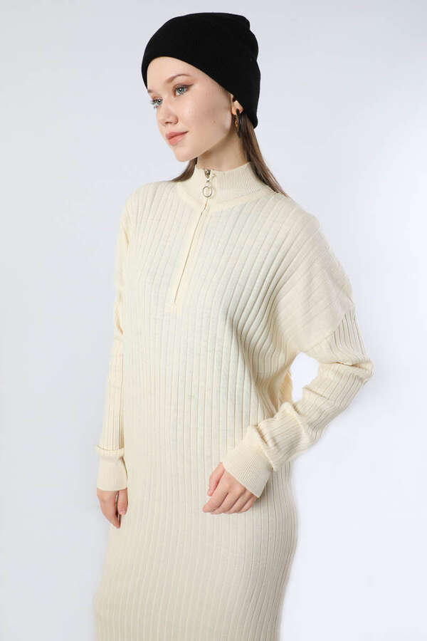 Balıkçı Yaka Triko Elbise Krem - 2