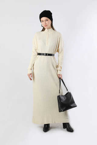 Balıkçı Yaka Triko Elbise Krem - 3