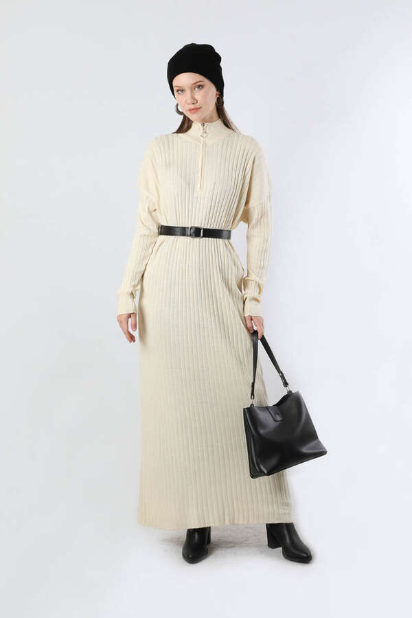 Balıkçı Yaka Triko Elbise Krem - 3