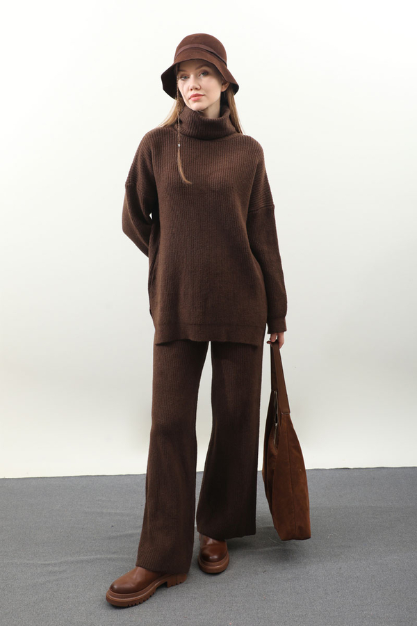 Balıkçı Yaka Triko Takım Kahverengi - 1