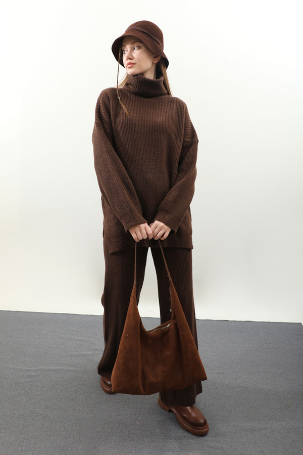 Balıkçı Yaka Triko Takım Kahverengi - 4