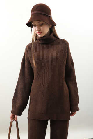 Balıkçı Yaka Triko Takım Kahverengi - 5