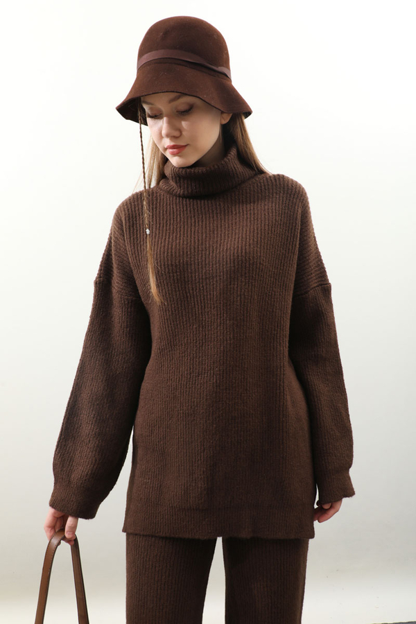 Balıkçı Yaka Triko Takım Kahverengi - 5