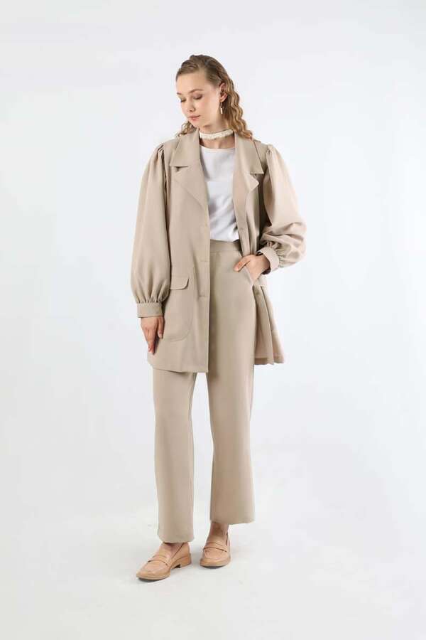 Balloon Sleeve Jacket Pants Suit Beige - 3