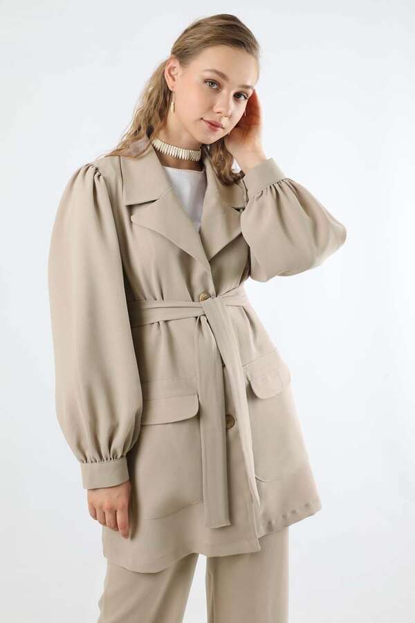 Balloon Sleeve Jacket Pants Suit Beige - 2