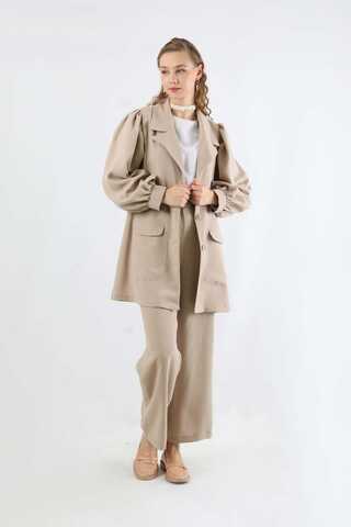 Balloon Sleeve Jacket Pants Suit Beige - 1