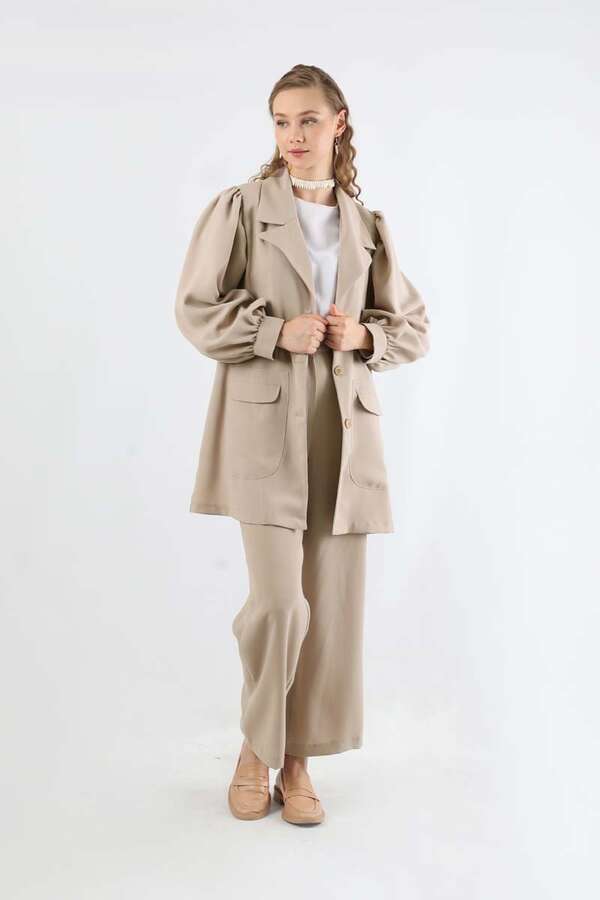 Balloon Sleeve Jacket Pants Suit Beige - 1