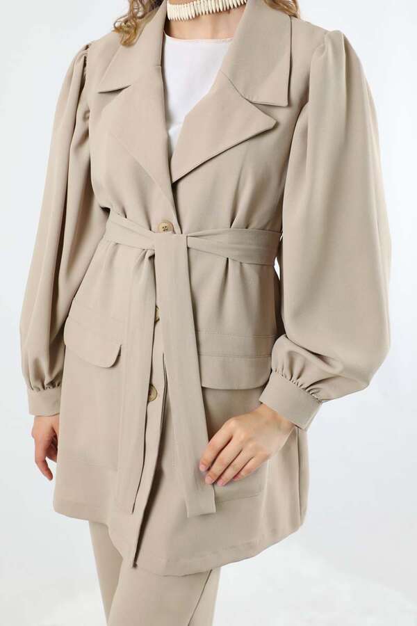 Balloon Sleeve Jacket Pants Suit Beige - 4