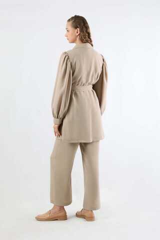 Balloon Sleeve Jacket Pants Suit Beige - 5