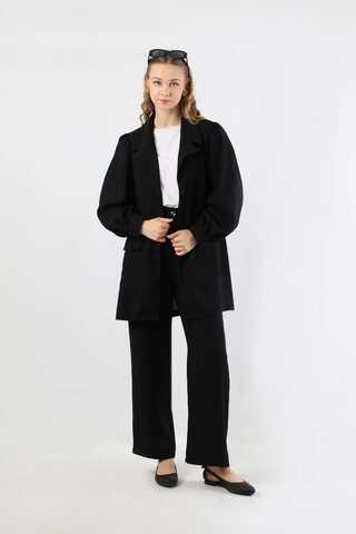 Balloon Sleeve Jacket Pants Suit Black - 1