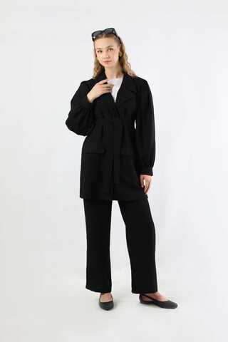 Balloon Sleeve Jacket Pants Suit Black - 3