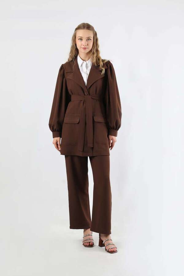 Balloon Sleeve Jacket Pants Suit Cappucino - 5