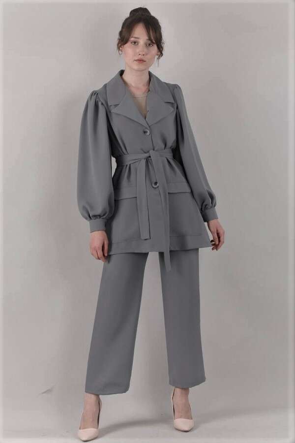 Balloon Sleeve Jacket Pants Suit Gray - 1