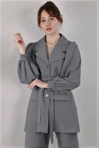 Balloon Sleeve Jacket Pants Suit Gray - 2