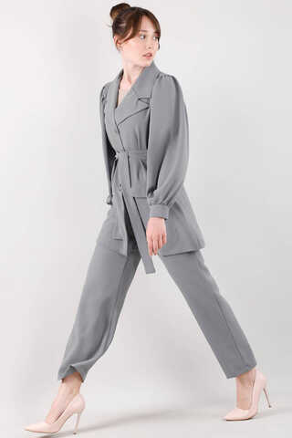 Balloon Sleeve Jacket Pants Suit Gray - 3