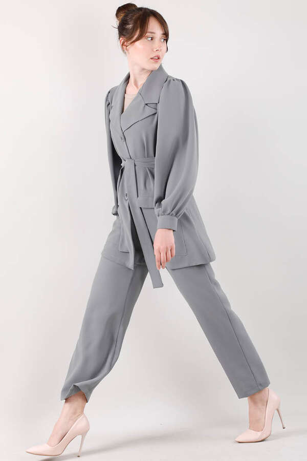 Balloon Sleeve Jacket Pants Suit Gray - 3