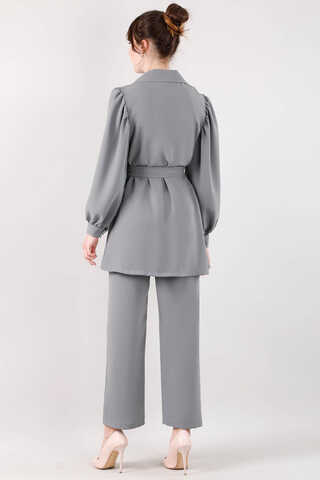 Balloon Sleeve Jacket Pants Suit Gray - 4
