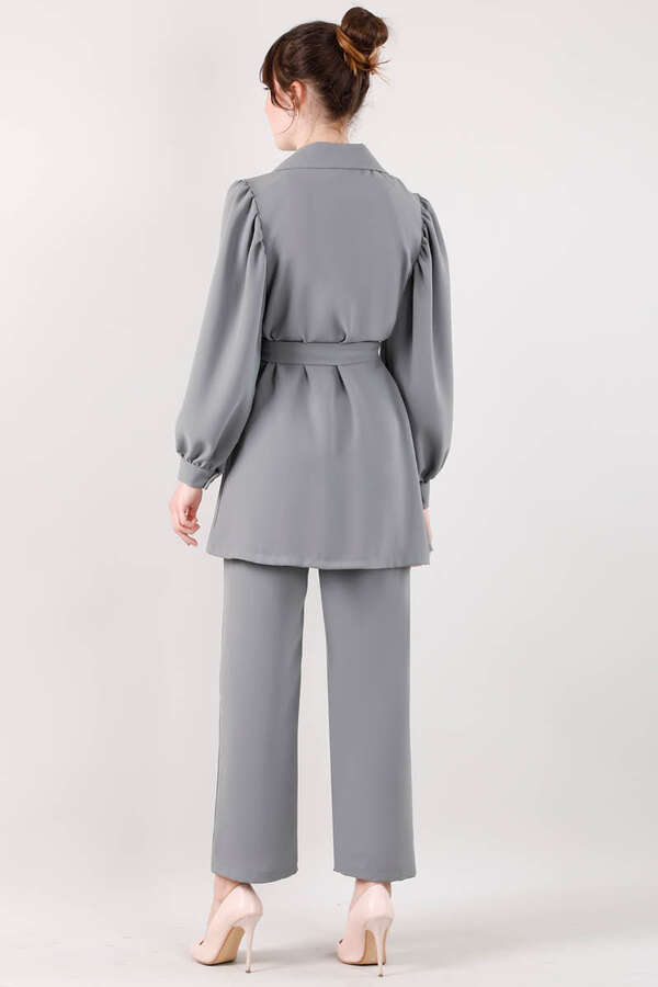 Balloon Sleeve Jacket Pants Suit Gray - 4