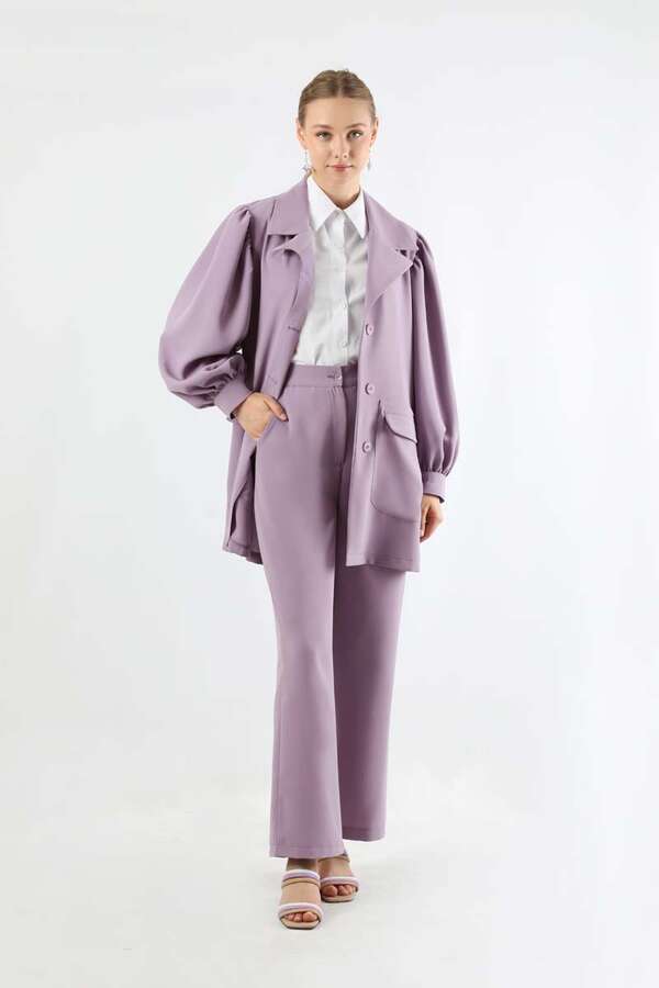 Balloon Sleeve Jacket Pants Suit Lilac - 1