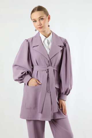 Balloon Sleeve Jacket Pants Suit Lilac - 2