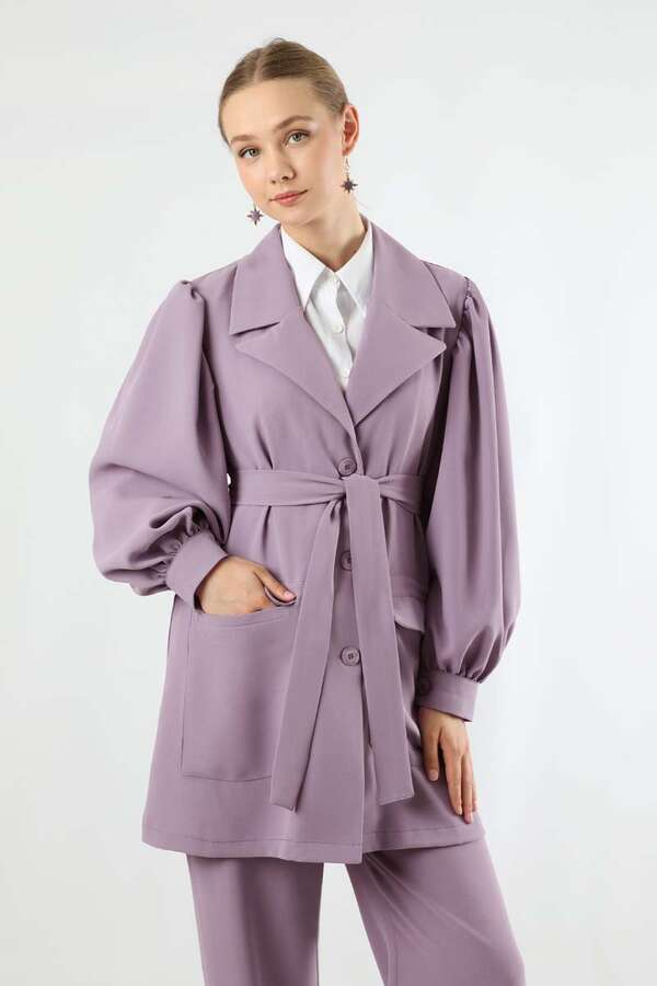 Balloon Sleeve Jacket Pants Suit Lilac - 2