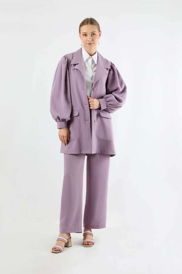 Balloon Sleeve Jacket Pants Suit Lilac - 3