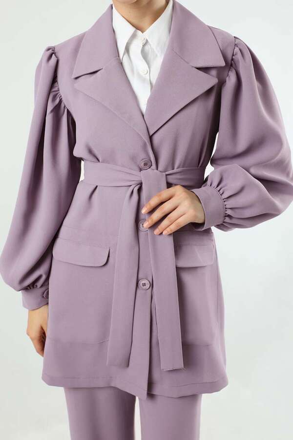 Balloon Sleeve Jacket Pants Suit Lilac - 4