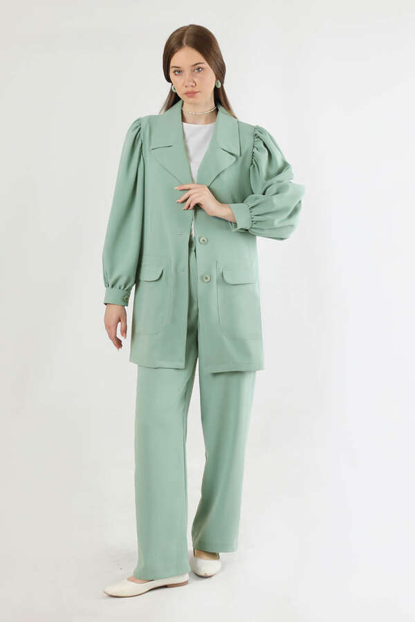 Balloon Sleeve Jacket Pants Suit Mint - 1