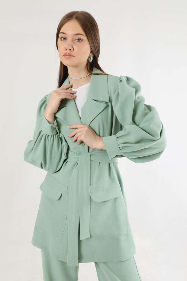 Balloon Sleeve Jacket Pants Suit Mint - 2
