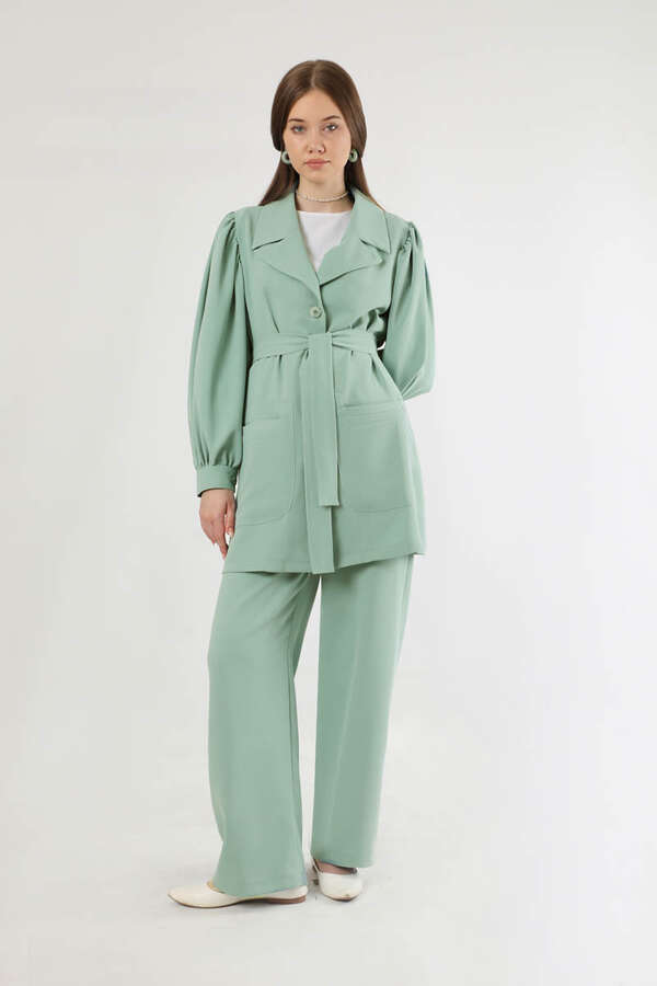 Balloon Sleeve Jacket Pants Suit Mint - 3