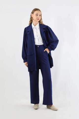 Balloon Sleeve Jacket Pants Suit Navy Blue - 1